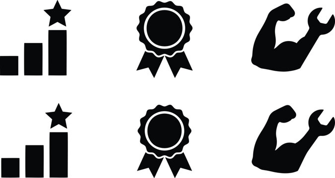 Business achievement and technical skill icon set featuring black vector silhouettes for growth and service success