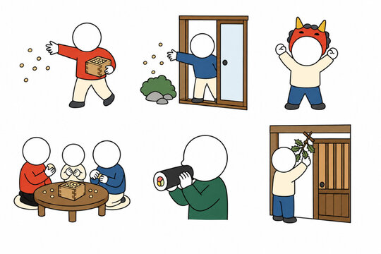 Six scenes from the Japanese bean-throwing seasonal custom, arranged in a large open 2x3