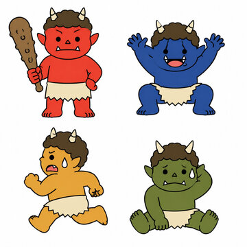 Four simplified generic full-body horned ogre characters arranged in a large 2x2 grid,