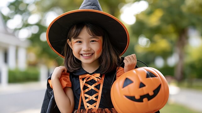 Adorable young Asian girl in witch costume with jack-o-lantern bucket, celebrating Halloween outdoors with a joyful smile