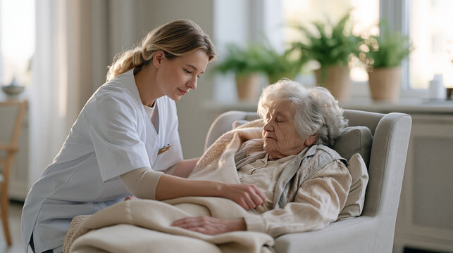 Belarusian nursing aide adjusts a wool blanket over an elderly resident dozing in a sunlit common room armchair, potted ferns lining the windowsill, afternoon light softening the