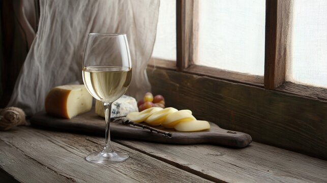 fermentation. A glass of pale white wine on a rustic table next to a slate cheese board. bar promotions, beverage menus, designed for product packaging and bar promotions, used by professors.