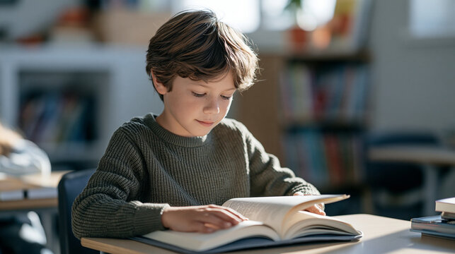 Autistic child in a sensory-friendly classroom wearing a weighted lap pad over their legs while seated at a desk during reading time, calming pressure device, sensory modulation