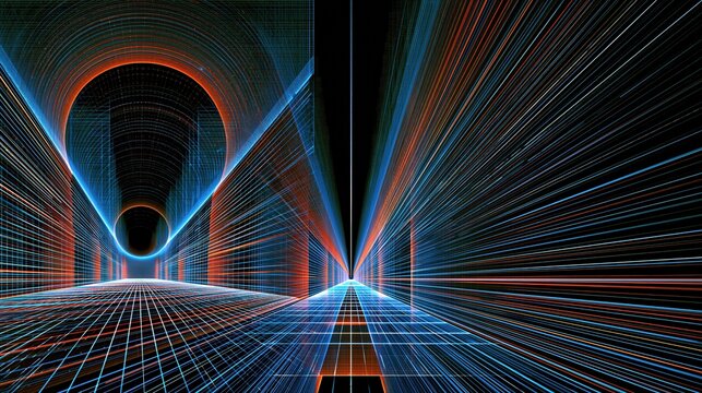 Abstract futuristic digital tunnel or data stream with glowing neon lines and geometric perspective