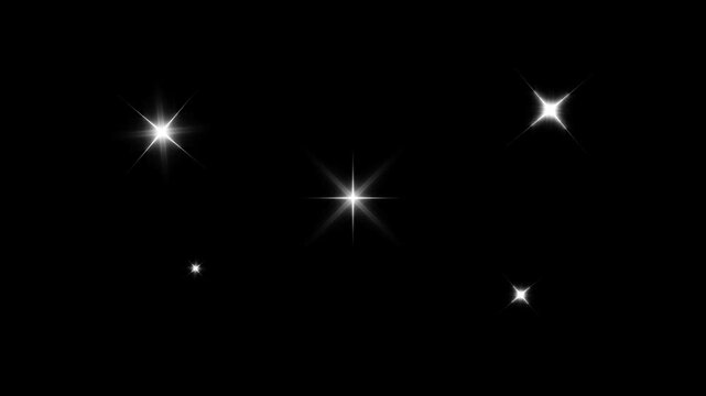2D Glowing twinkling star motion graphics with bright optical flare, rotating sparkle rays, shimmering particles and elegant light effects on black screen background in seamless ultra HD and 4K video