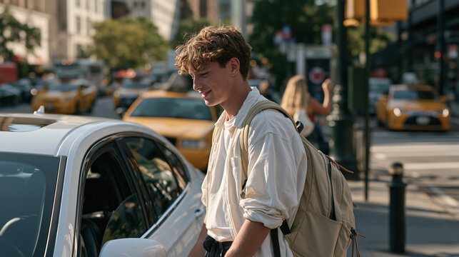 Teenage boy parallel parking first car on busy city street while older sibling films from sidewalk laughing, family humor, first car skills, urban street scene, sibling bond,
