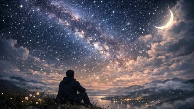 Person observing the Milky Way and crescent moon in a starry night sky