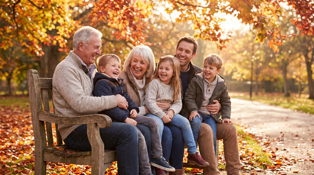 A multi-generational family sitting together on a park bench and laughing during autumn, surrounded by vibrant colorful foliage, capturing a joyful and loving moment.