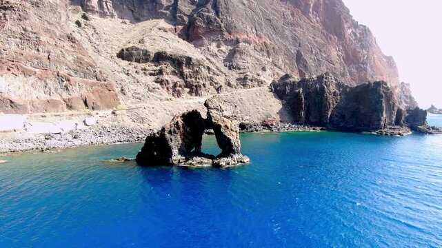 Serene midday drone shot of Roque de la Bonanza on the Canary Island of El Hierro.