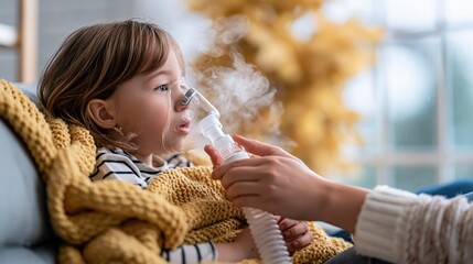 Obraz premium Young child receiving nebulizer treatment for respiratory illness at home, feeling unwell