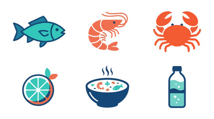 Fototapeta premium Seafood and Drink Icons Fresh Fish, Shrimp, Crab, Citrus, Soup, and Water
