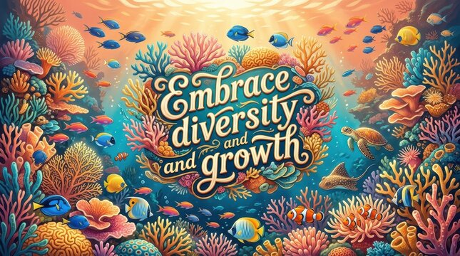 Embrace Diversity and Growth Inspirational Quote in Vibrant Underwater Coral Reef Illustration