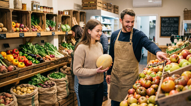 A female customer examines a melon in a cozy organic vegetable store as a helpful male seller advises and offers ripe fruit options from the fresh shop assortment.