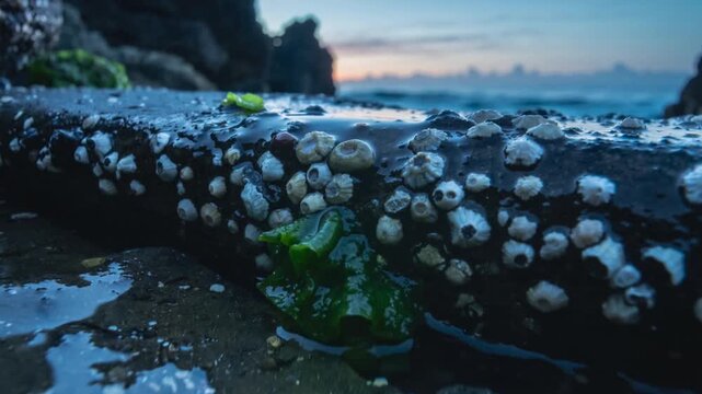 Nudging bright green seaweed down barnacled rock into shallow tidal pool at dusk from tidal pull