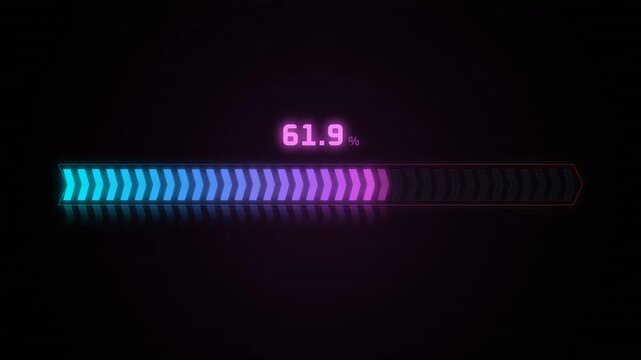 Horizontal loading bar filling from zero to one hundred percent with neon chevron segments