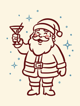 Cute hand drawn Santa Claus drinking cocktail cartoon line art for Christmas party decor