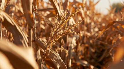 Obraz premium Golden Ripe Corn Field Under Warm Sunlight, Agricultural Harvest and Food Production