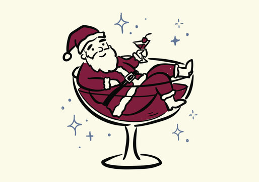 Illustration of santa claus relaxing inside a large martini glass with a cocktail