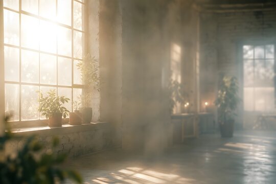 Bright airy room with potted plants on window ledges in morning golden hour light, photorealistic style with desaturated industrial palette