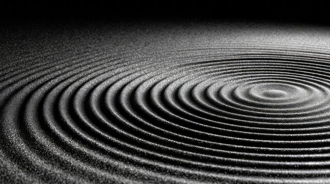 Grain ripple wave with dotwork water drop circles on sand, black halftone stipple pattern forming concentric ripple rings, abstract textured noise gradient background
