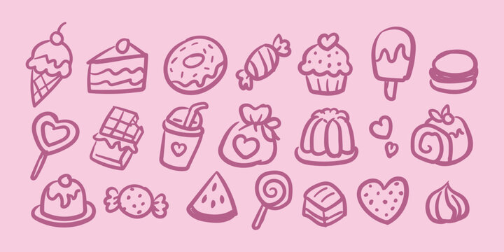Pink line art icons of sweet desserts and candy, featuring cupcakes, donuts, and chocolate.