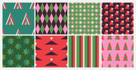 Obraz premium Colorful geometric seamless patterns set of Merry Christmas and Happy New Year. Minimalist backgrounds collection with simple shapes. Modern design for wrapping paper, fabric, print, wallpaper, cover