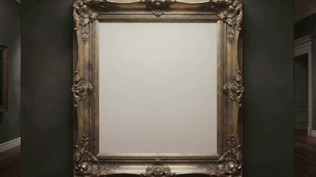 Dollying camera forward revealing ornate gilded frame with blank panel in gallery, showing detail