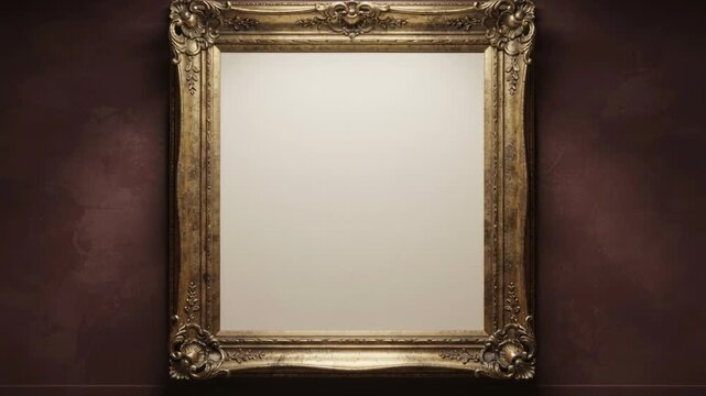 Zooming camera revealing ornate gold frame with blank canvas on maroon wall, spotlight glowing