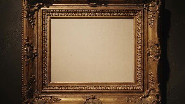 Zooming camera toward ornate gilt frame on museum wall, revealing blank panel and carved details