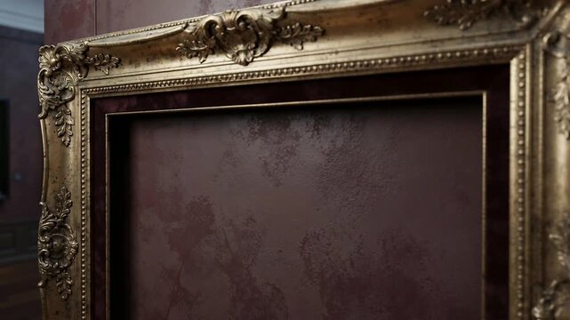 Moving camera revealing ornate gilded picture frame on maroon gallery wall, empty aperture showing
