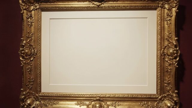Zooming camera showing gilded picture frame, white mat on red gallery wall, revealing carved motifs