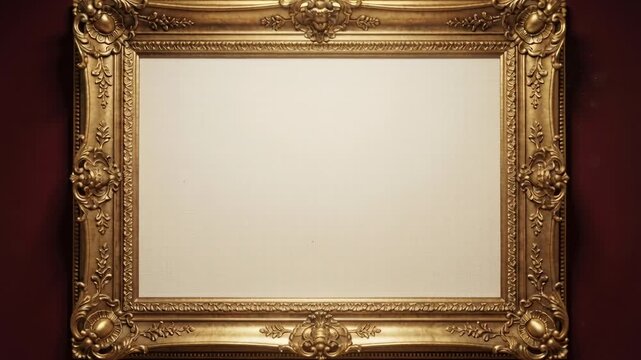 Zooming camera on cue dollying toward ornate gilded frame in gallery showing blank canvas