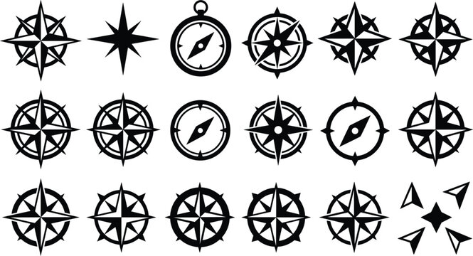 Marine windrose collection vintage nautical compass icons adventure map geometry arrow symbols black flat silhouette shapes set isolated on white