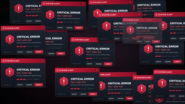 Critical error alerts flooding a dark screen as red system warning windows multiply