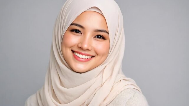 Portrait of a Smiling Woman in a Beige Hijab