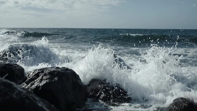 Ocean waves crashing dynamically against rocky shore during daylight under a clear sky
