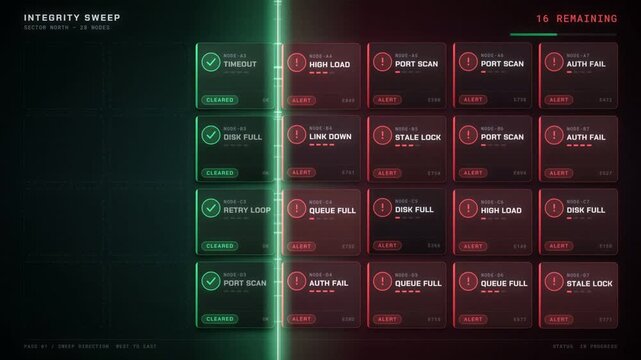 Integrity sweep scan clearing red alert cards to green until all clear status is reached