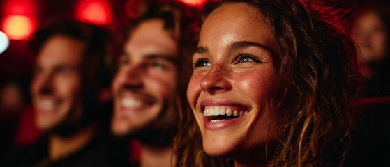 Obraz premium Close up of happy smiling young people watching a movie in a theater with red background lights.