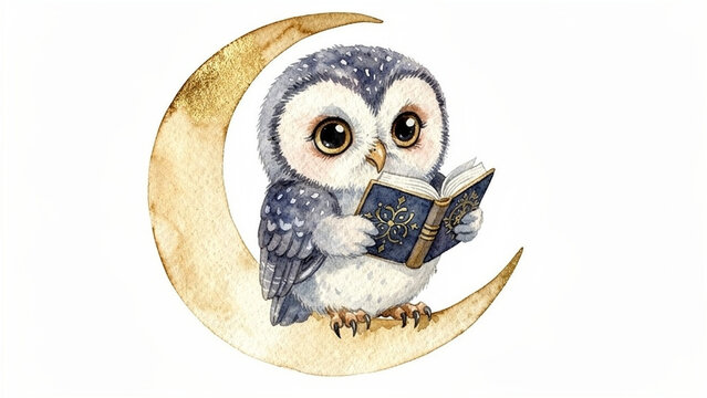 Watercolor owl reading book on crescent moon, cute bird illustration, whimsical nursery art, isolated on white background, nocturnal animal character for children