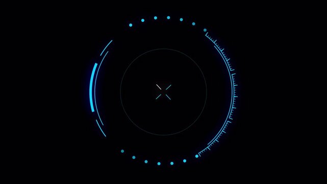 Futuristic circular HUD radar interface animation with glowing blue neon elements, scanning indicators, digital targeting system and sci-fi technology design on transparent background.