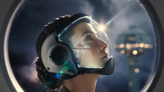Blinking helmeted astronaut in suit tilting, raising gaze at porthole as light flaring, visor glare