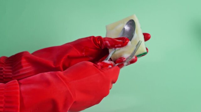 Red gloved hands wash cutlery, fork and spoon, with soapy sponge on  green background