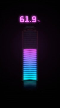 Vertical loading meter filling from zero to one hundred percent with neon gradient segments