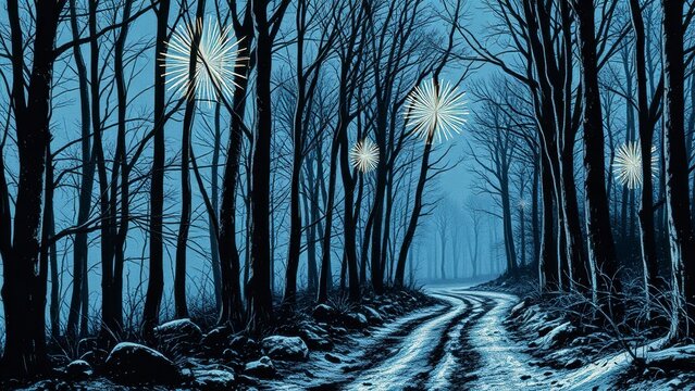 Winter forest road at night with glowing lights illustration