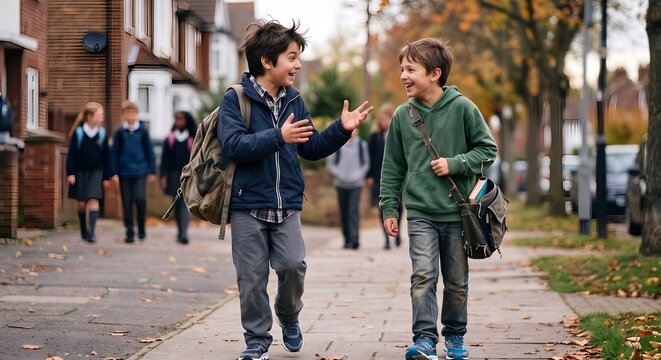 Two boys walking and talking happily on a school street in autumn  