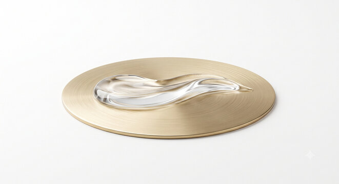Side view of clear peptide gel wave gliding over brushed brass disc on white background