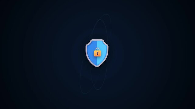 Seamless loop animation of 3D cyber security shield with padlock and rotating atom orbit rings