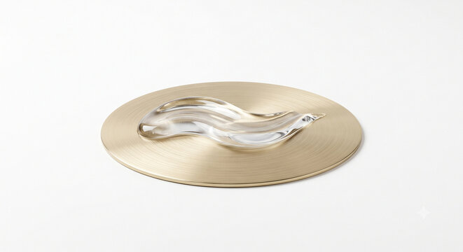 Side view of clear peptide gel wave gliding over brushed brass disc on white background