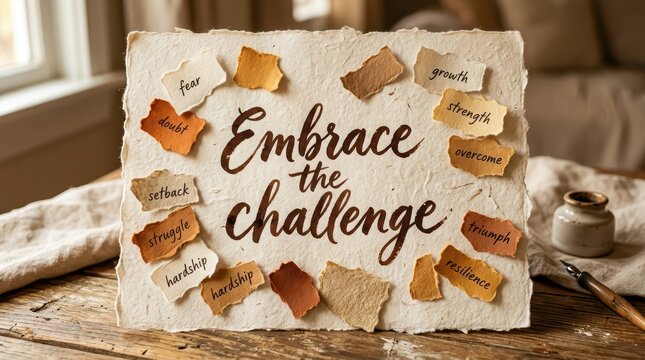 Embrace the Challenge Motivational Sign with Inspirational Words on Textured Handmade Paper