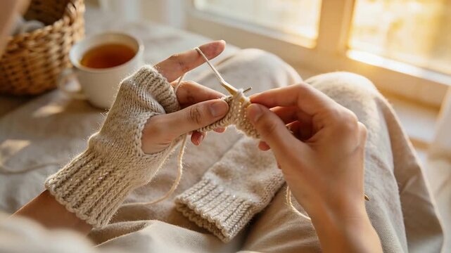 Knitting hands wearing cream mitts, yarn taut, inserting needle and making mitt at sunny window